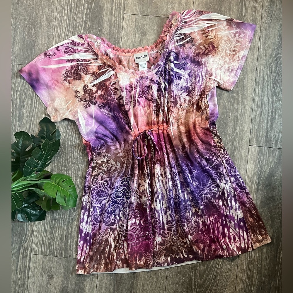 Chico’s paisley printed rhinestone peasant top. Size L